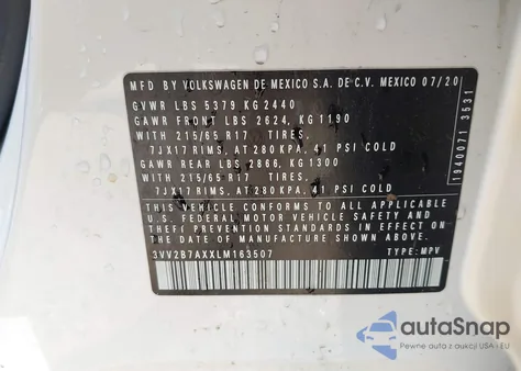 2020 Volkswagen Tiguan 2.0T Se/2.0T Se R-Line Black/2.0T Sel from USA, damaged, VIN 3VV2B7AXXLM163507